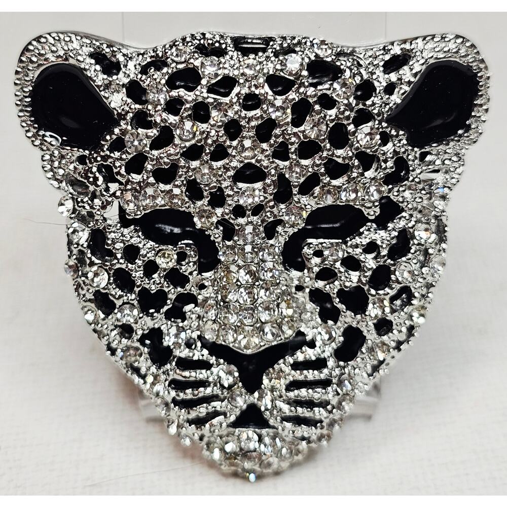 Crystal Tiger Rhinestones New Brouch in Silver n Black Metal. Mob wife. Gangster